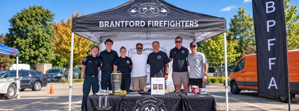 Brantford firefighters at a community outreach event with Nick Singh